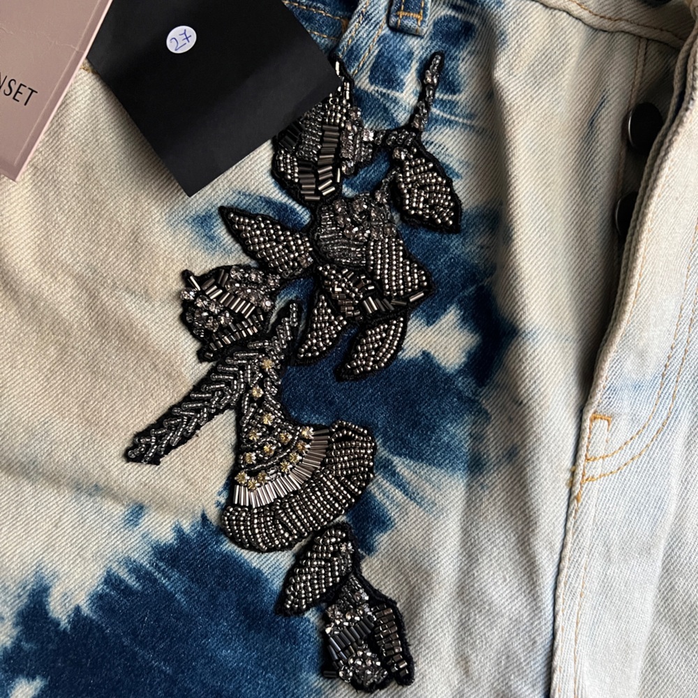 TWINSET Milano Women’s Blue Tie-Dye Barrel-Leg Embroidered Designer Jeans Sz 27 - Picture 4 of 6